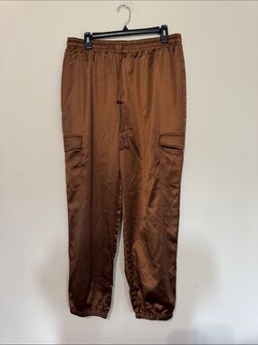 Allegra K Brown Satin Cargo Jogger Trousers